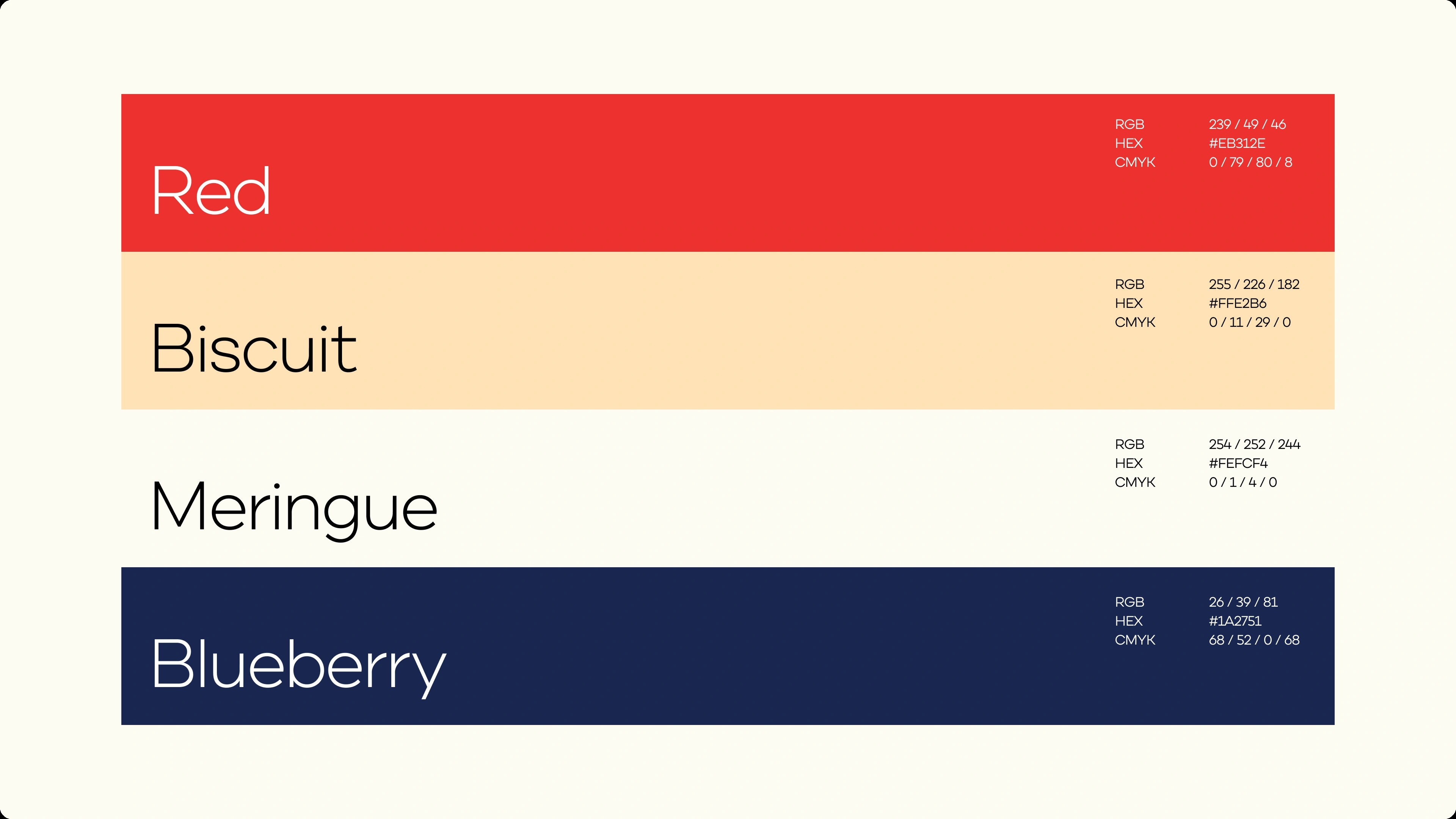 The Earthling color palette: Red, Biscuit, Meringue, and Blueberry with RGB, HEX, and CMYK values