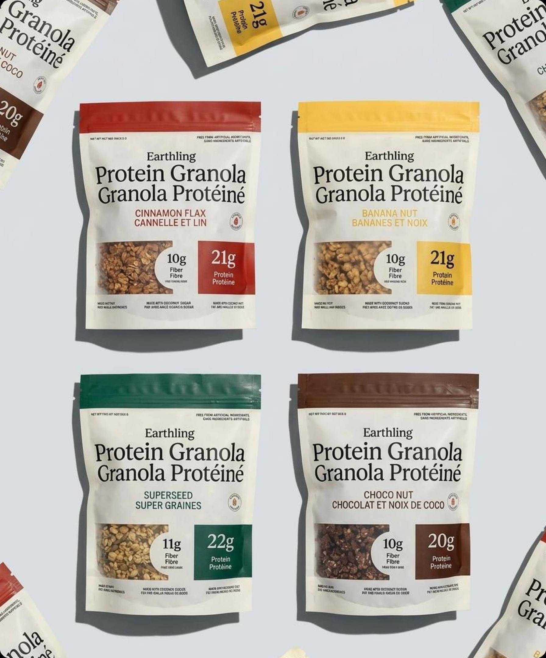Four protein granola pouches in cinnamon flax, banana nut, superseed, and choco nut