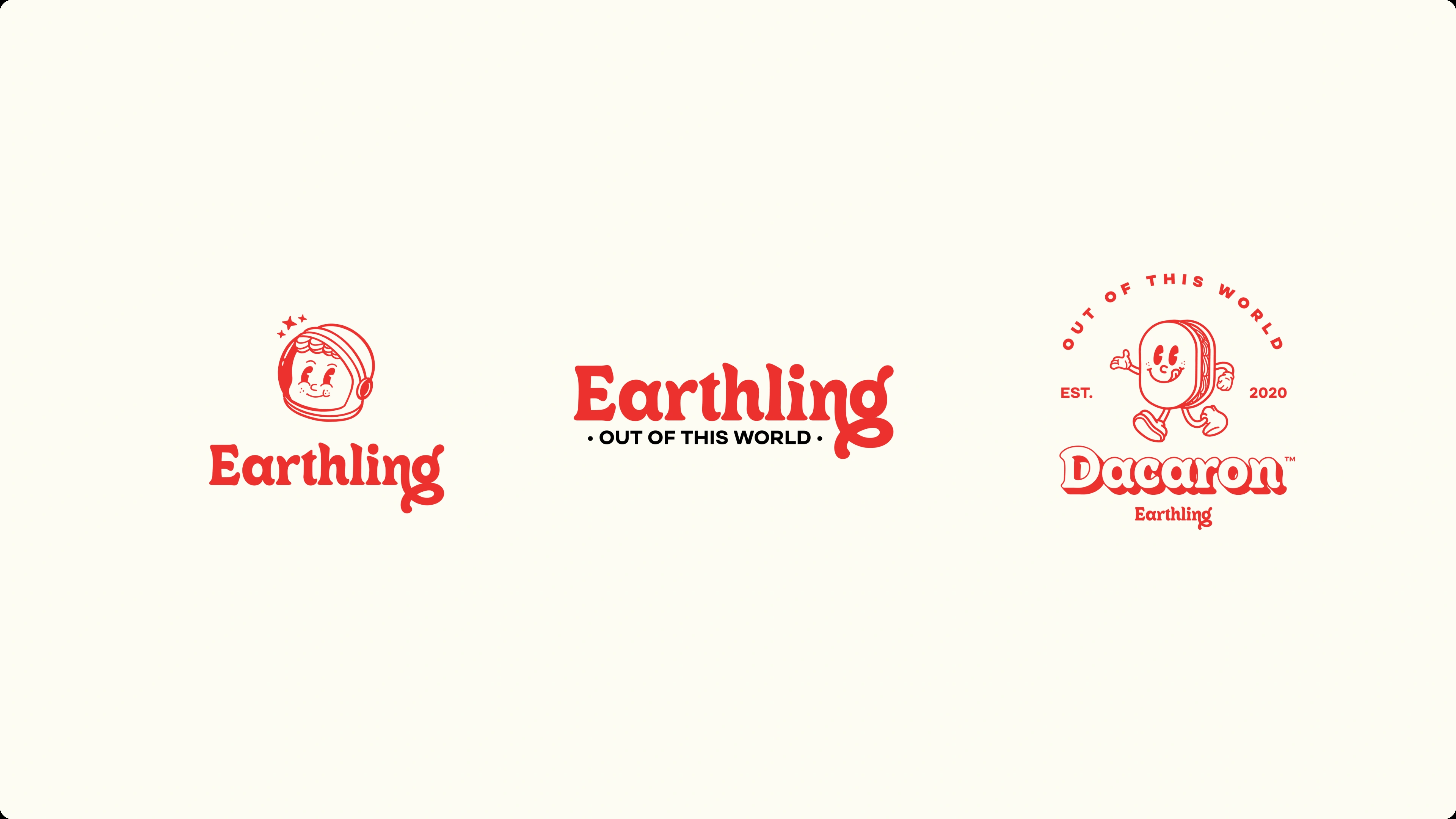 Three Earthling logo lockups: astronaut mark, wordmark with Out of This World tagline, and the Dacaron badge