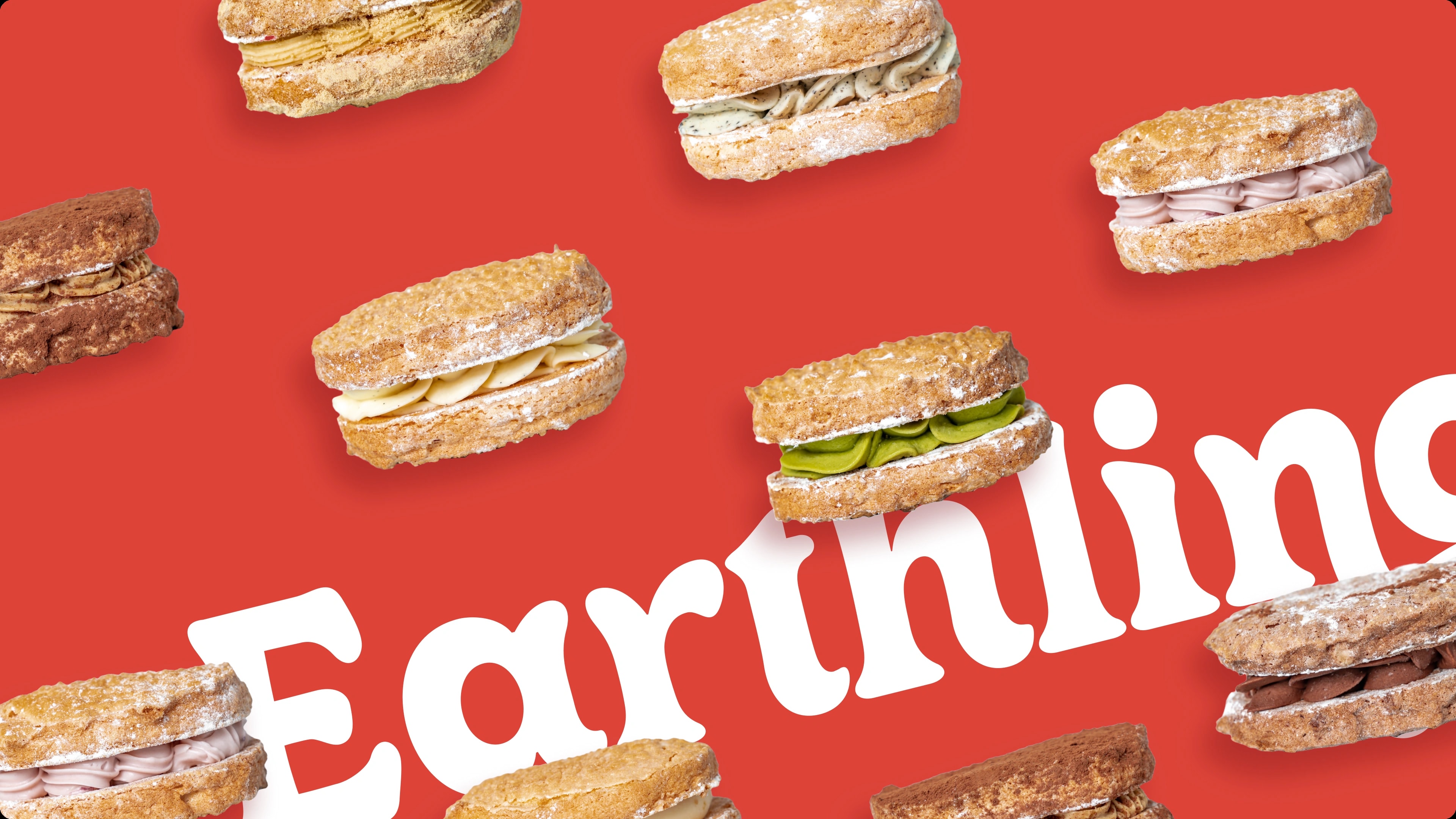 Dacaron sandwich cookies arranged over the brand red with the Earthling wordmark