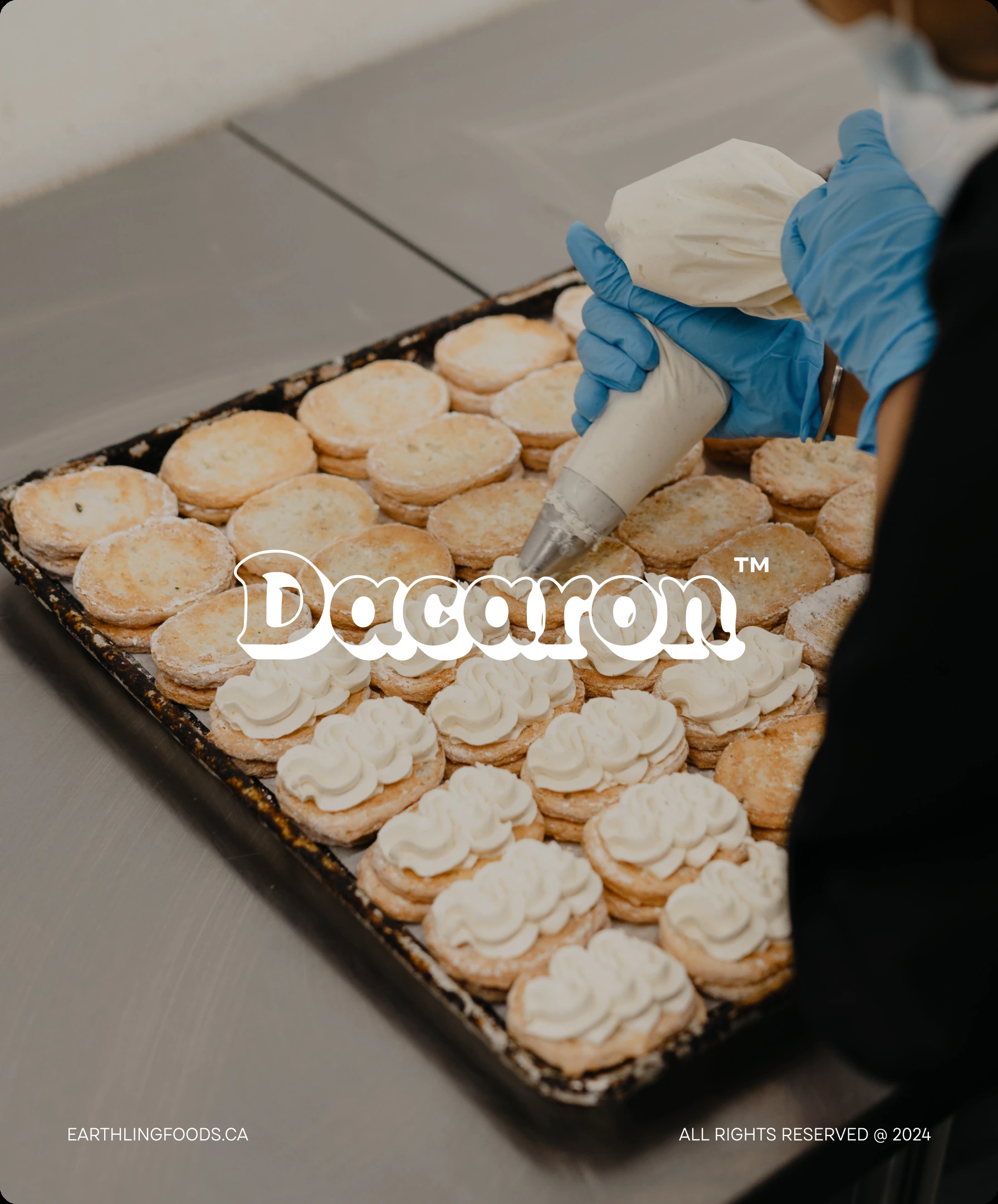 Social post of Dacarons being piped in the bakery with the Dacaron wordmark