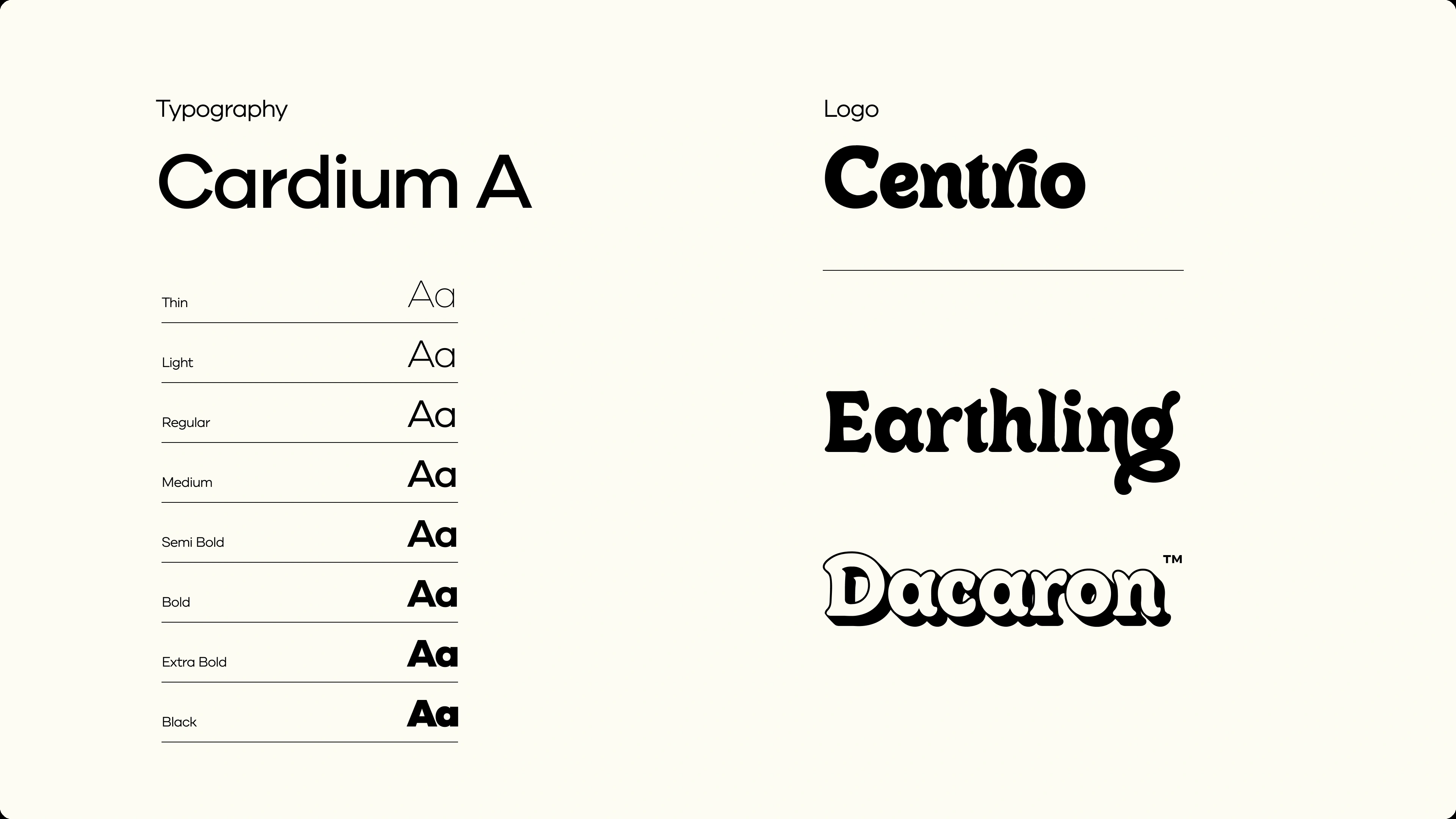 Typography specimen for Cardium A alongside the Centrio, Earthling, and Dacaron logo styles