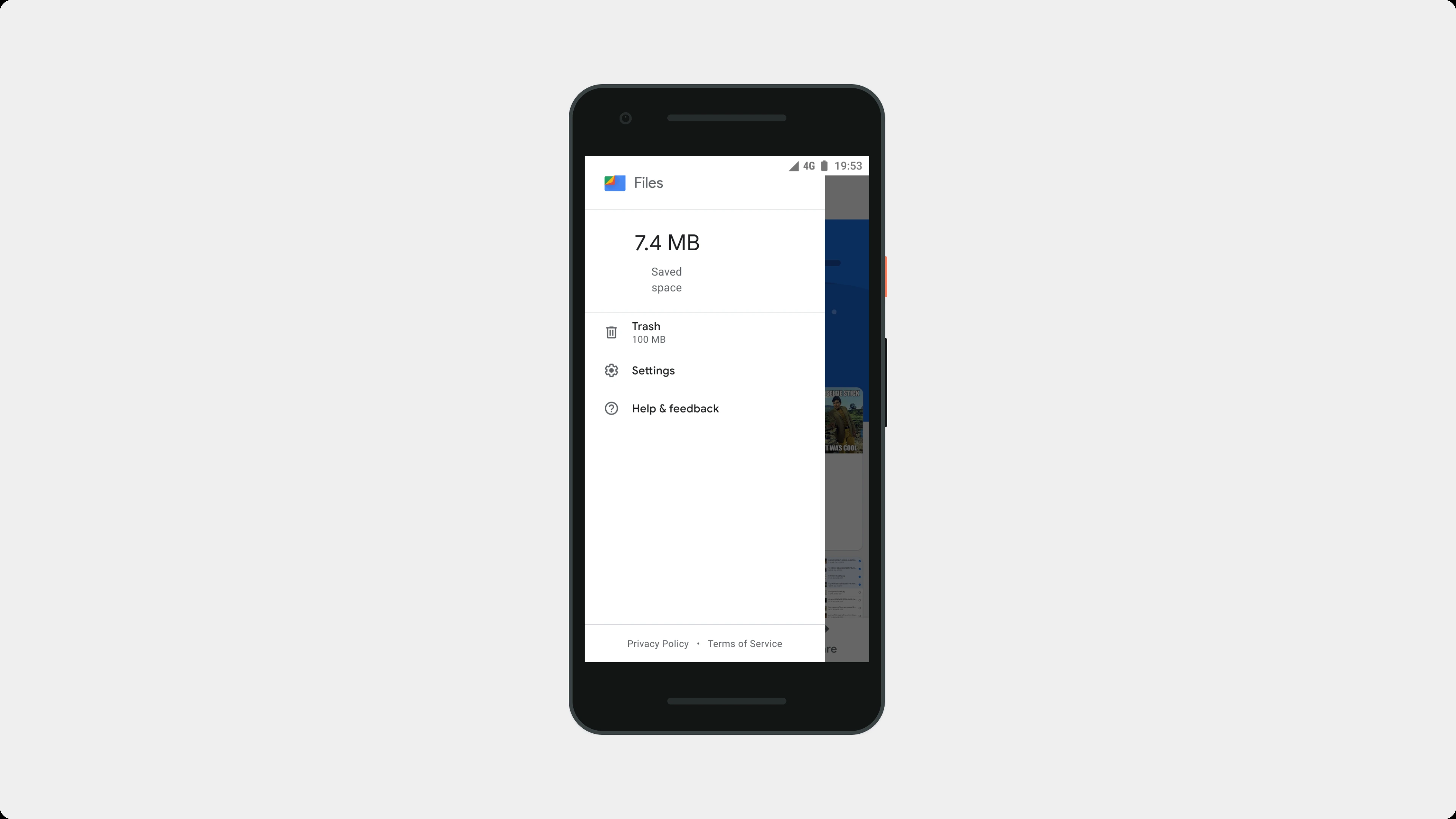 The Files hamburger menu with a Trash entry showing how much space it is holding