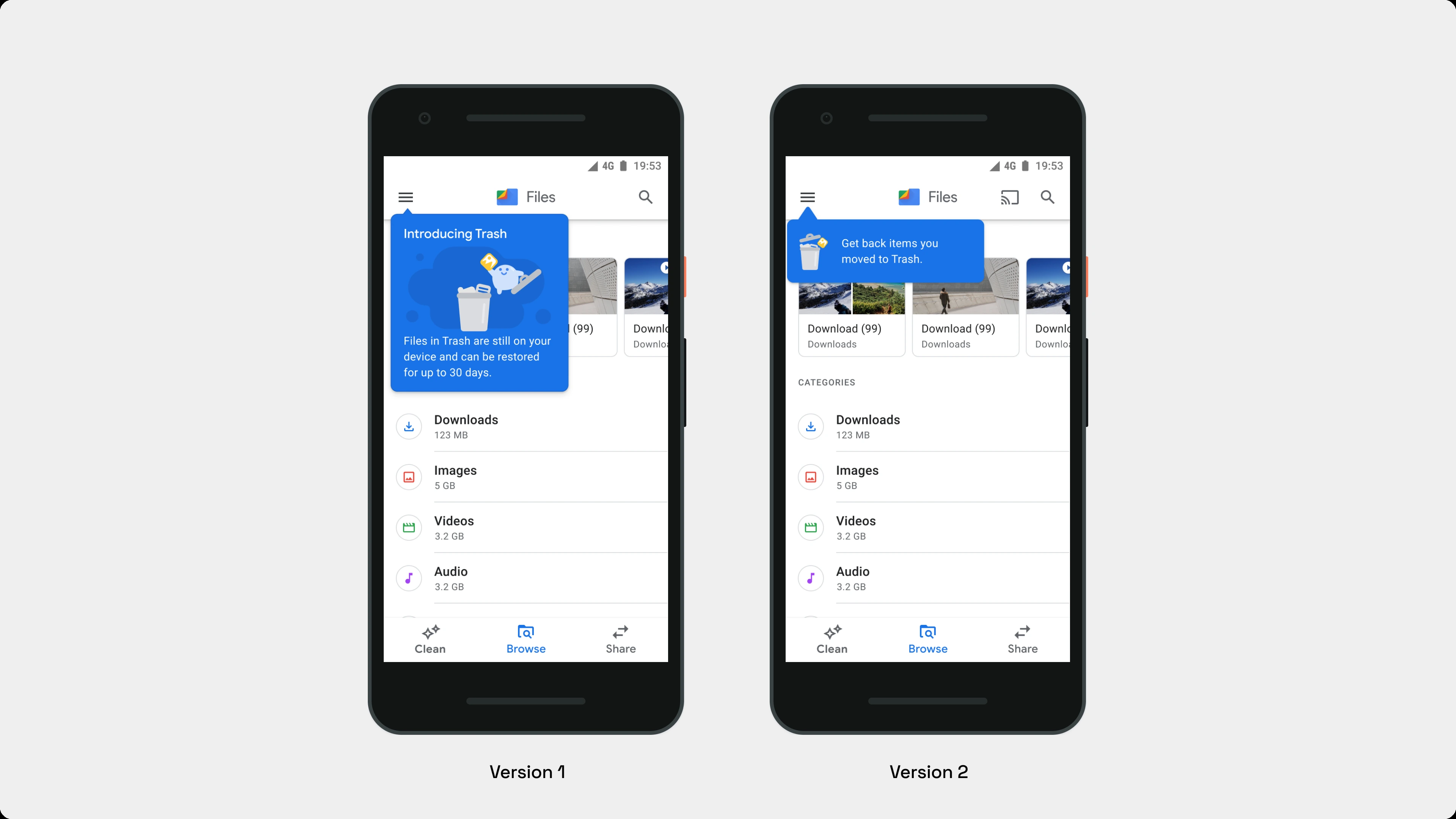 Two tooltip versions anchored to the hamburger menu, one introducing Trash and one pointing to moved files