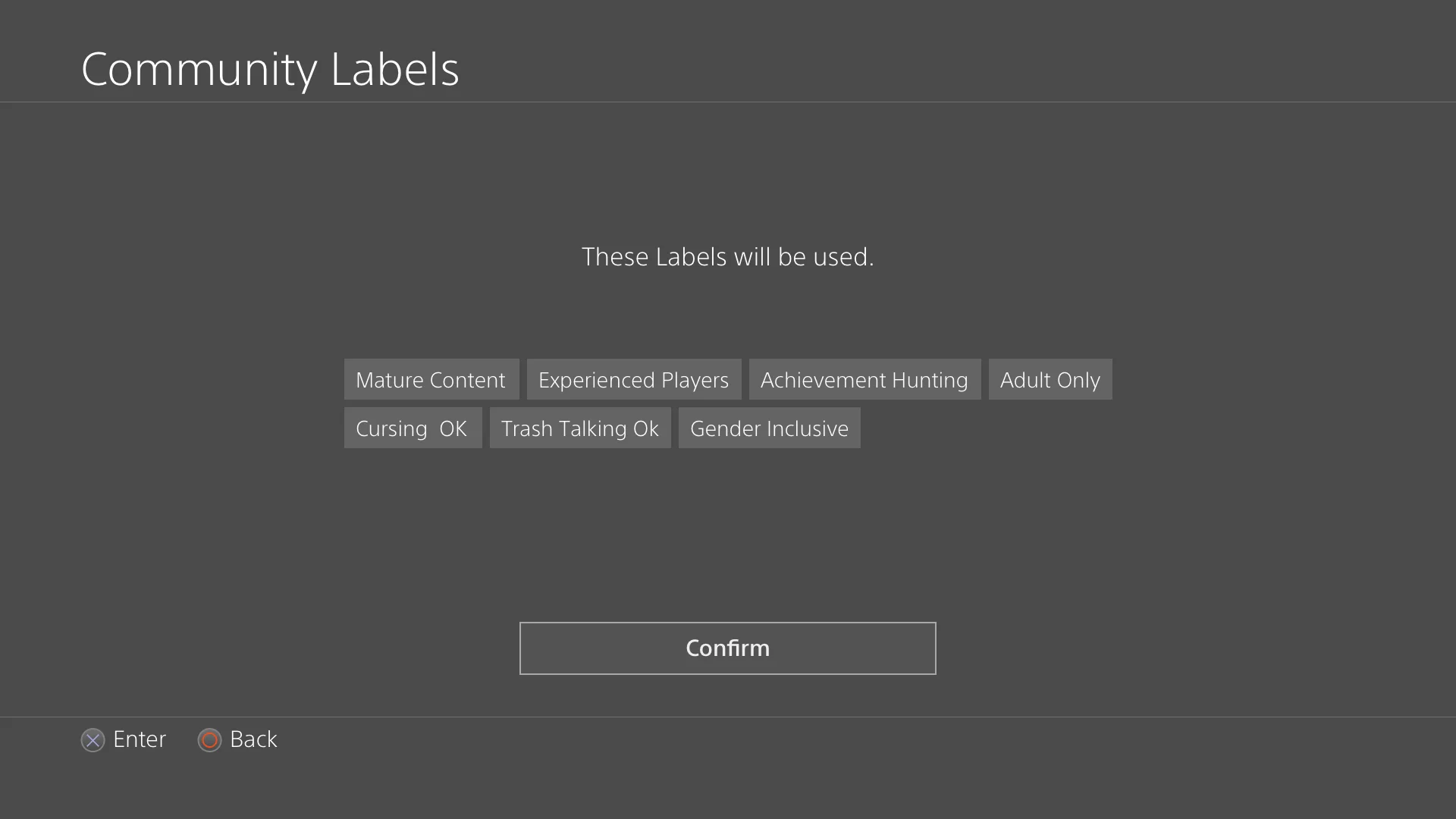 Confirmation screen showing the labels that will be used