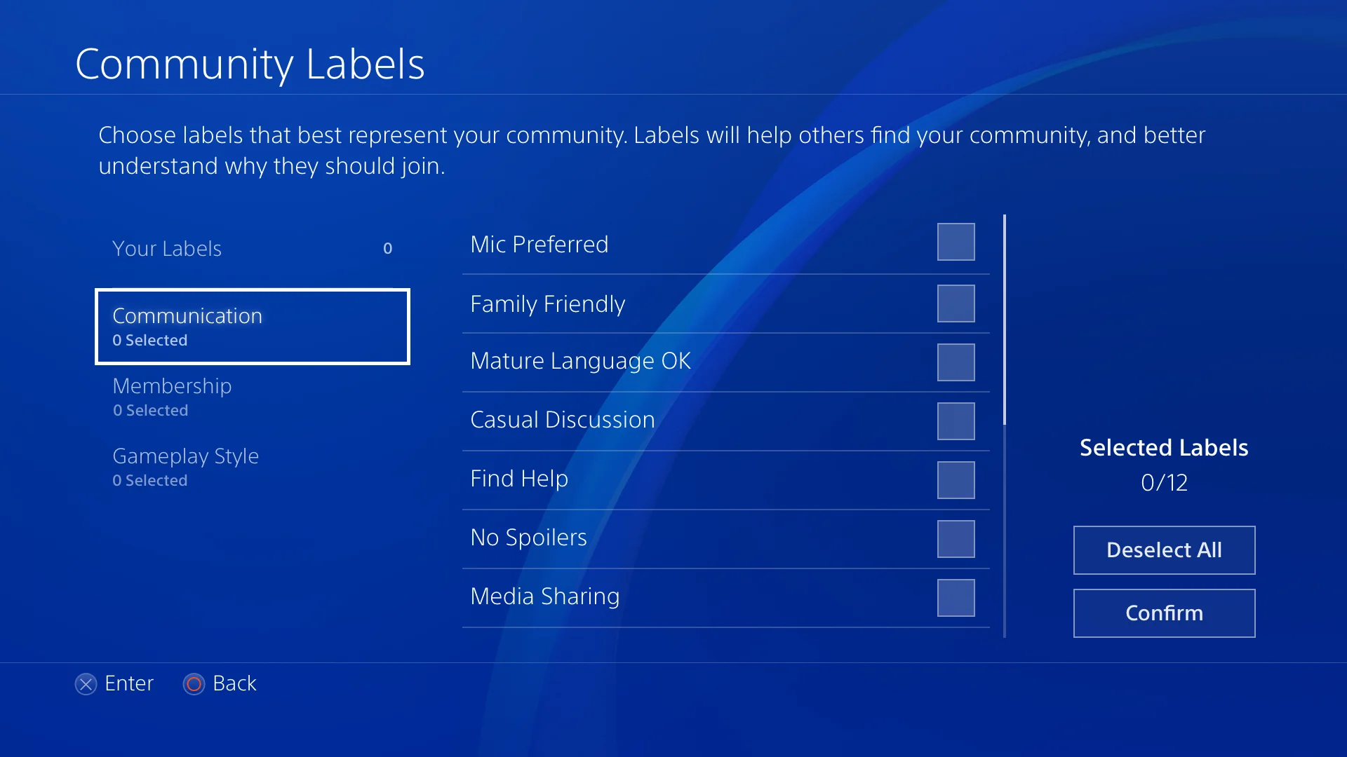 Community Labels picker on the PlayStation UI, empty state